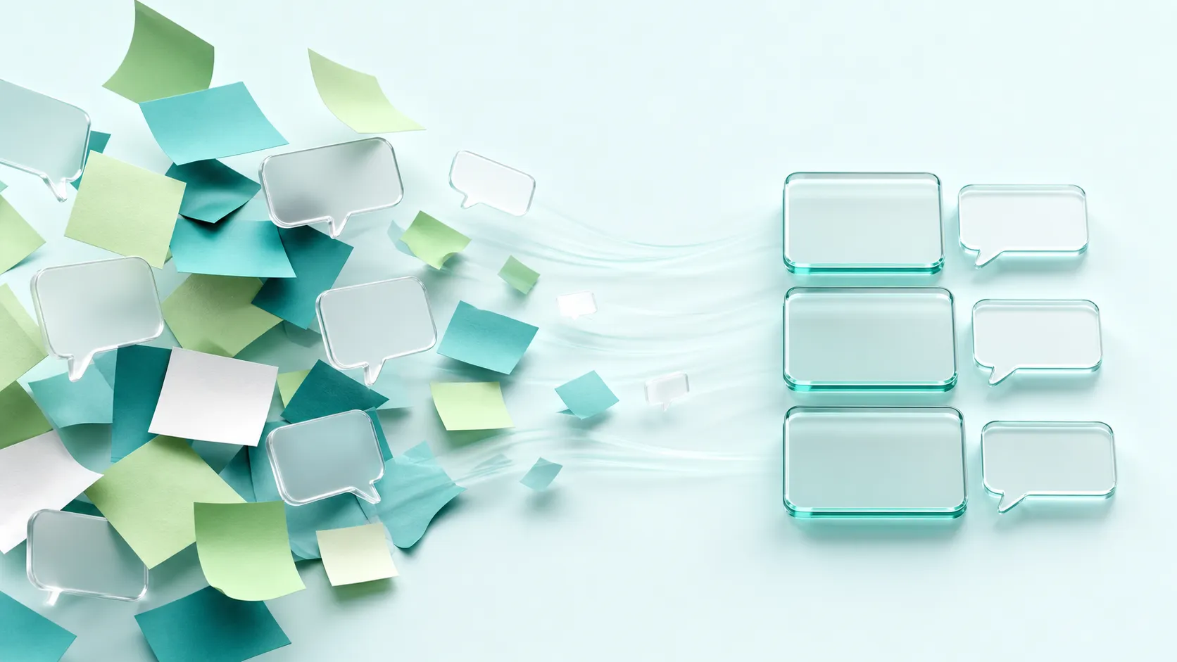 Messy sticky notes and chat bubbles on the left resolving into clean, tidy glass cards on the right