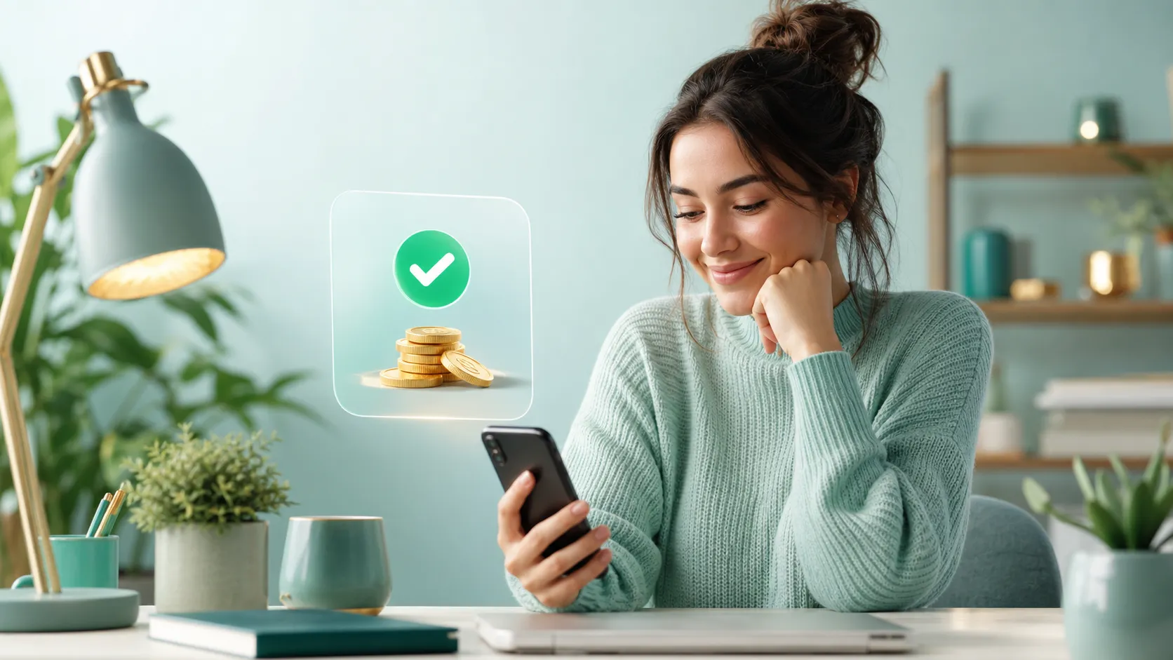 A relieved creator looking at her phone, a glass card with a green check and gold coins floating beside it